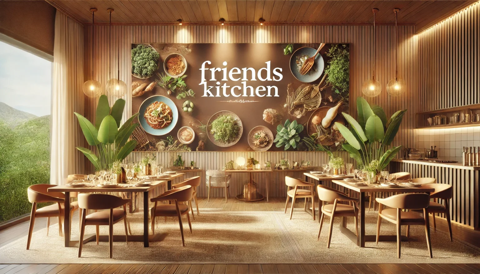 DALL·E 2025-01-10 15.07.32 - A visually stunning restaurant wallpaper for 'Friends Kitchen'. The scene features a modern dining setup with elegant wooden tables and plates filled