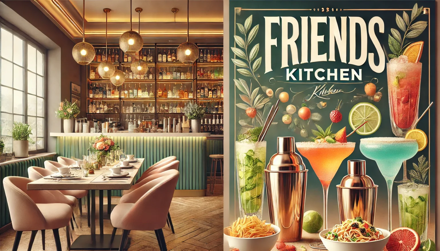 DALL·E 2025-01-11 21.34.00 - A vibrant and inviting restaurant wallpaper for 'Friends Kitchen' with a stylish mocktail counter. The scene includes a close-up of a beautifully set